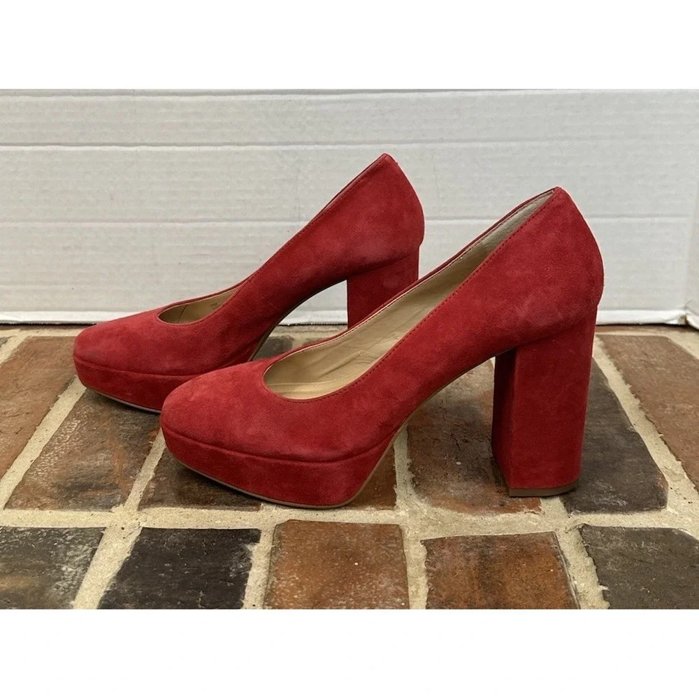 Copper Key Red Suede Platform Pumps Chunky Block Heel Sexy Flirty Women's 7